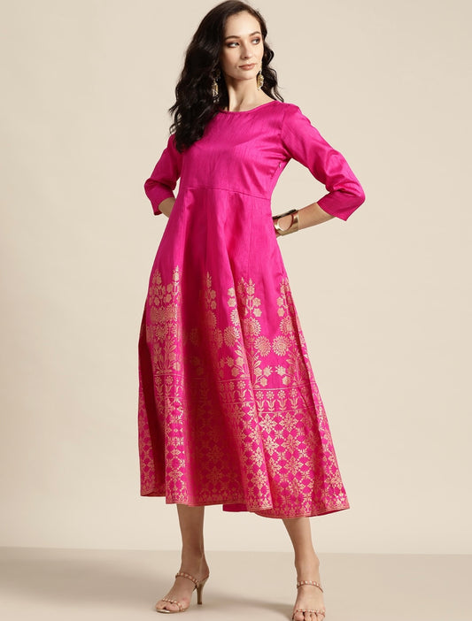 Fuschia Pink Beautiful Chanderi Silk Flared Kurta