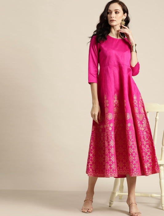 Fuschia Pink Beautiful Chanderi Silk Flared Kurta