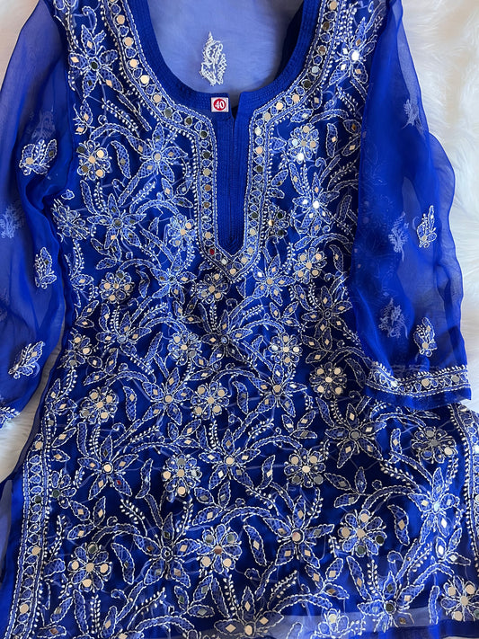 Blue Lucknowi short Mirror kurti with liningo