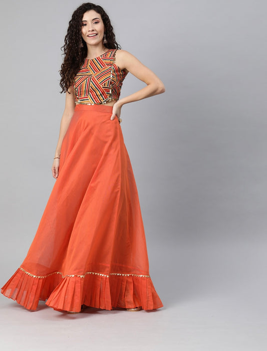 Orange Festive Crop top with Lehenga