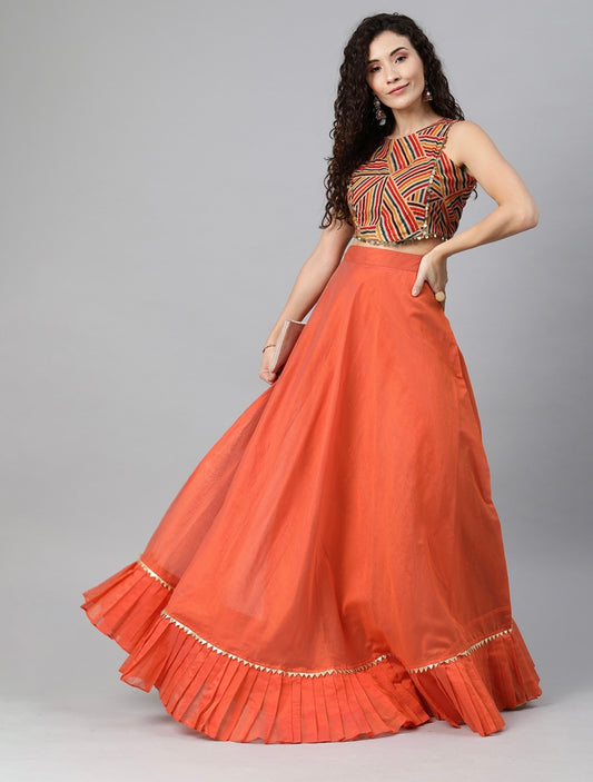 Orange Festive Crop top with Lehenga