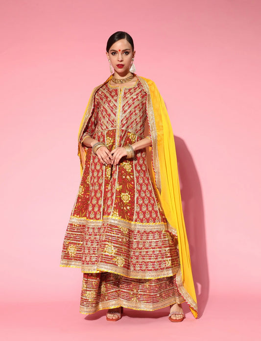 Floral Red Heavy gota work flared sharara and dupatta