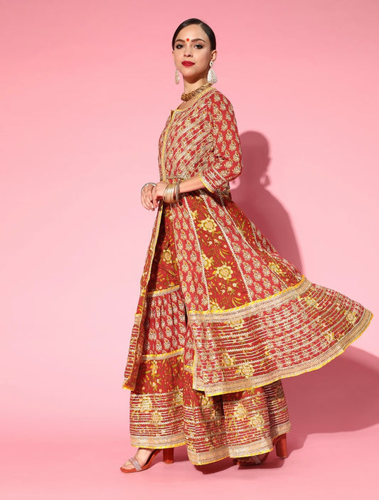 Floral Red Heavy gota work flared sharara and dupatta