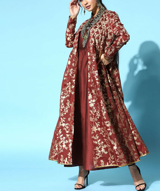 Maroon Ethnic motifs elegant long Kurta with jacket