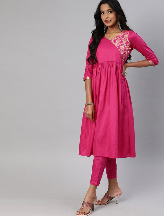 Hot Pink Super Stylish brocade work Angrakha Kurta set no