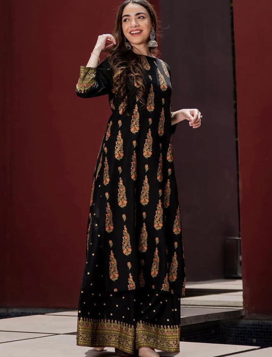 Beautiful Black Batik Print Kurta and Skirt Set