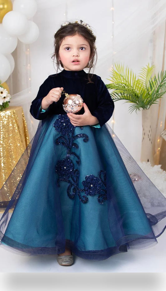 Teal and black Tailed Princess dress for girls