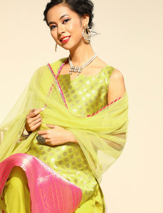 Elegant Green and pink jacquard kurta set