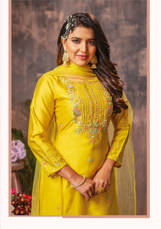 Yellow Heavy Handwork Muslin Silk Kurta set