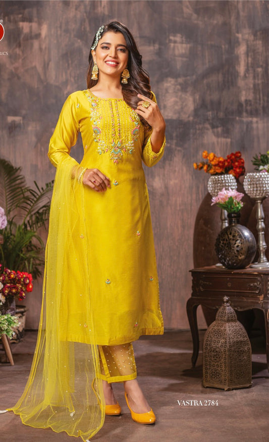 Yellow Heavy Handwork Muslin Silk Kurta set