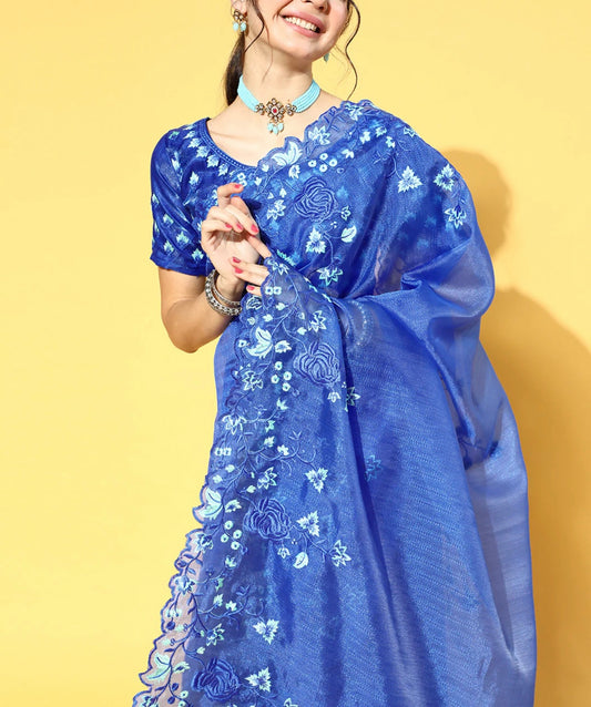 Blue floral emroidered organza saree with unstitched blouse