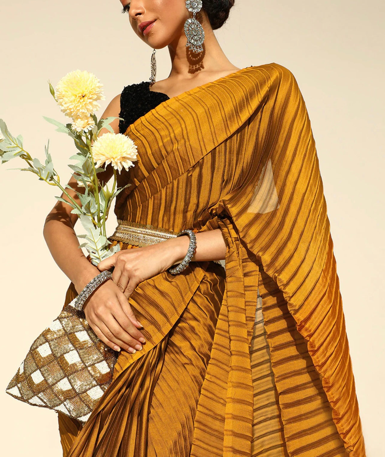 Mustard party wear saree with sequin blouse piece