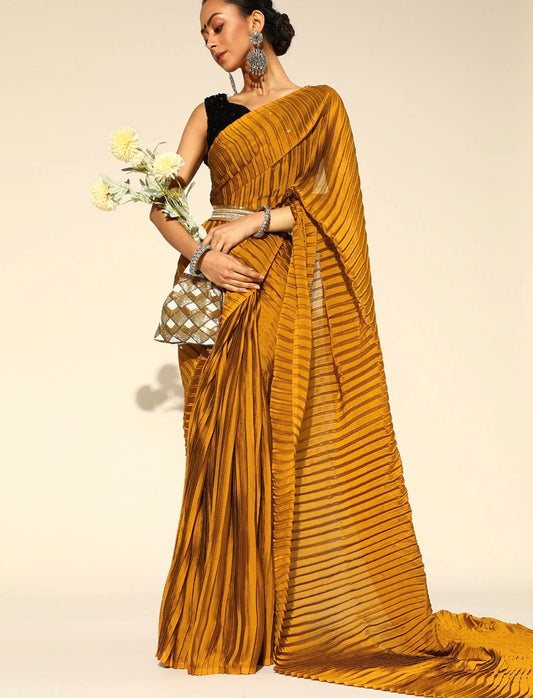 Mustard party wear saree with sequin blouse piece