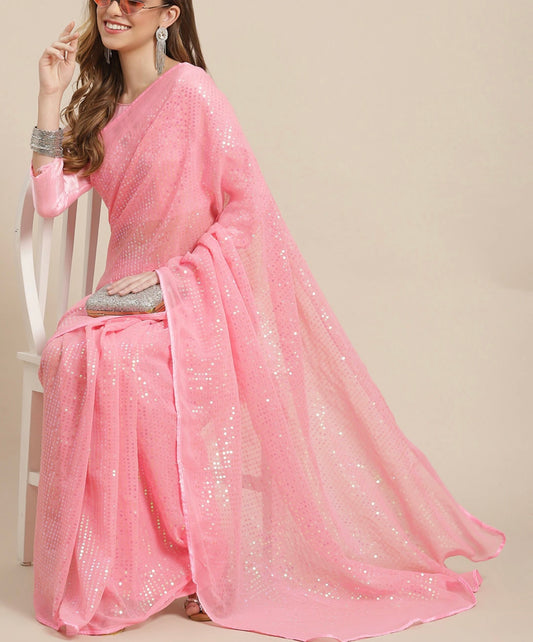 Pink embellished pure georgette heavy sequin Saree with unstitched blouse