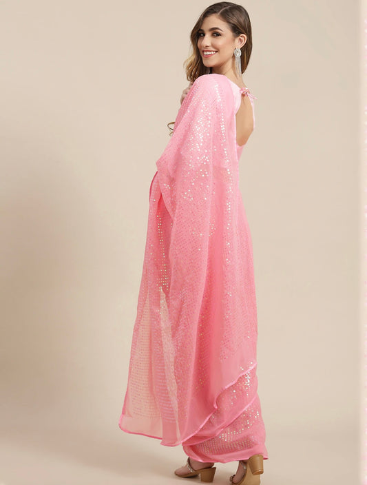 Pink embellished pure georgette heavy sequin Saree with unstitched blouse