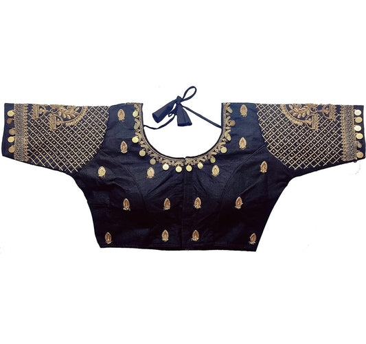 Black Silk embroidered and embellished readymade saree blouse