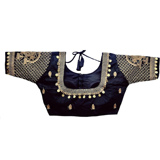 Black Silk embroidered and embellished readymade saree blouse