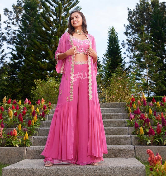 Eisha Pink handwork Crop top and Shrug Set