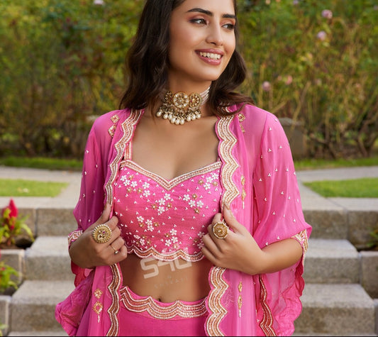 Eisha Pink handwork Crop top and Shrug Set