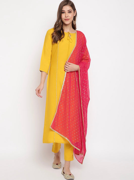 Yellow Kurta set with Red Dupatta