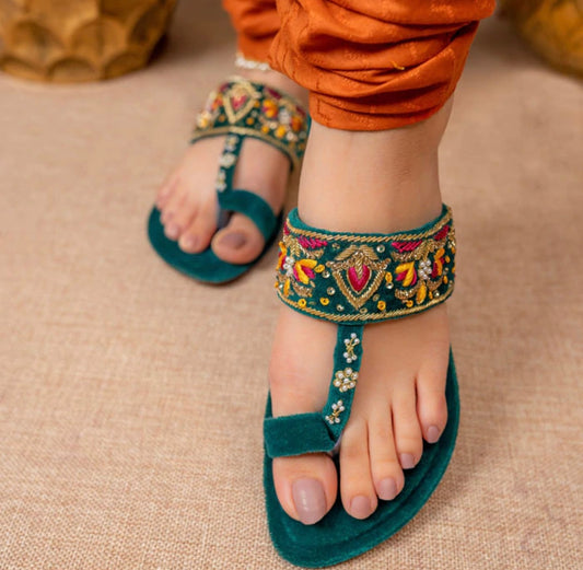Dazzle Teal handcrafted velvet maharani flats