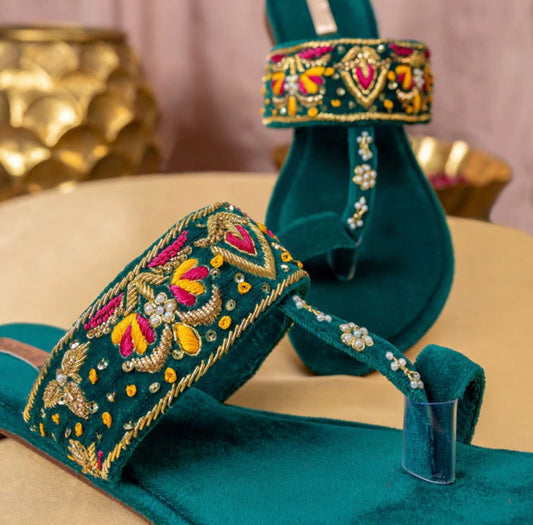 Dazzle Teal handcrafted velvet maharani flats