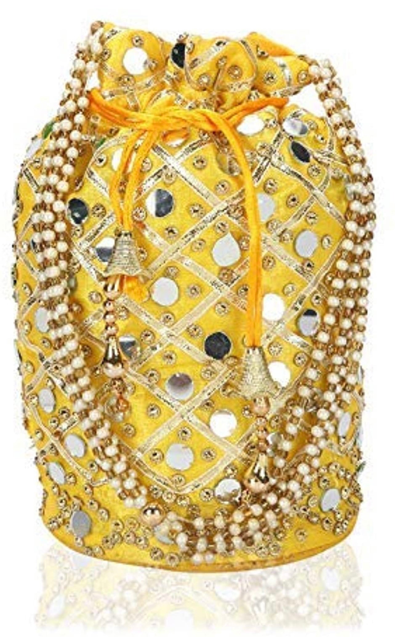 Yellow Trendy Mirror Potli bag with pearl strap