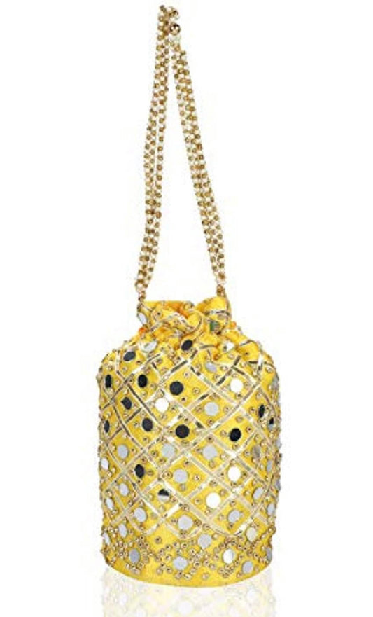 Yellow Trendy Mirror Potli bag with pearl strap