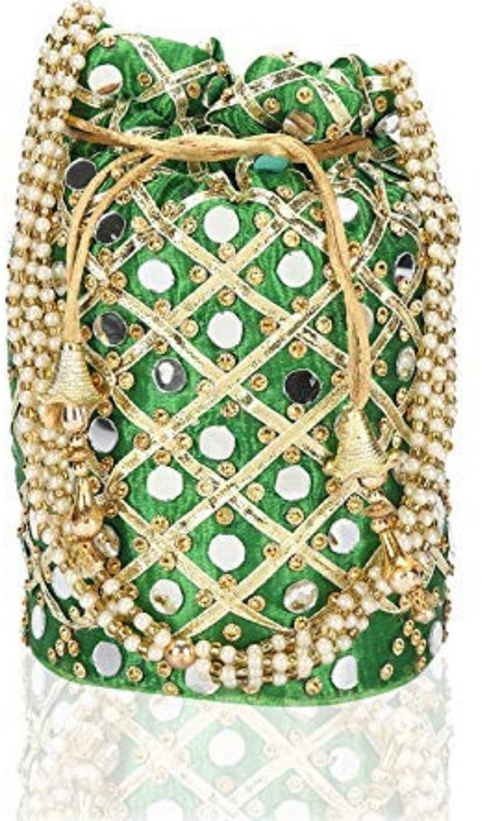 Green Trendy Mirror potli bag with pearl strap