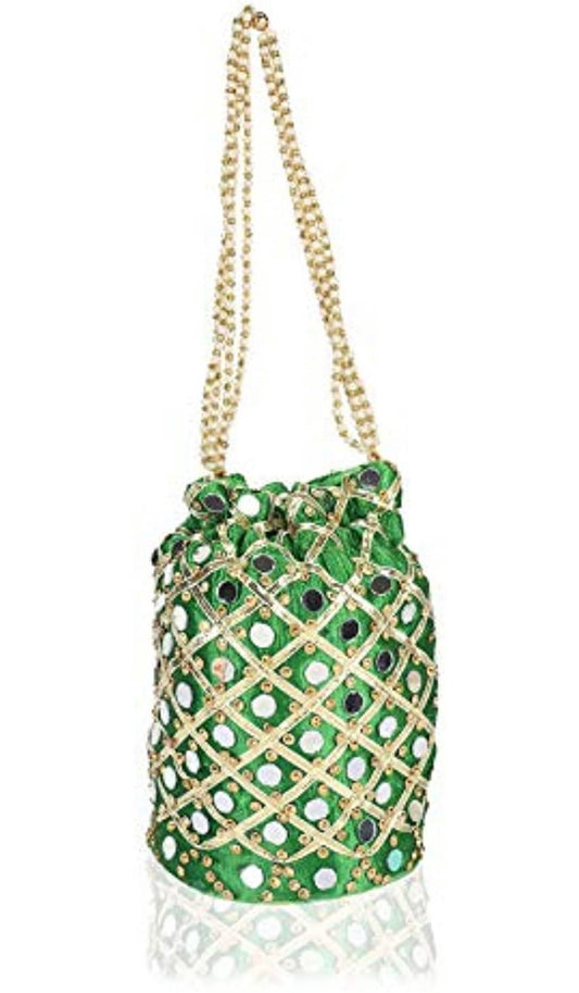 Green Trendy Mirror potli bag with pearl strap