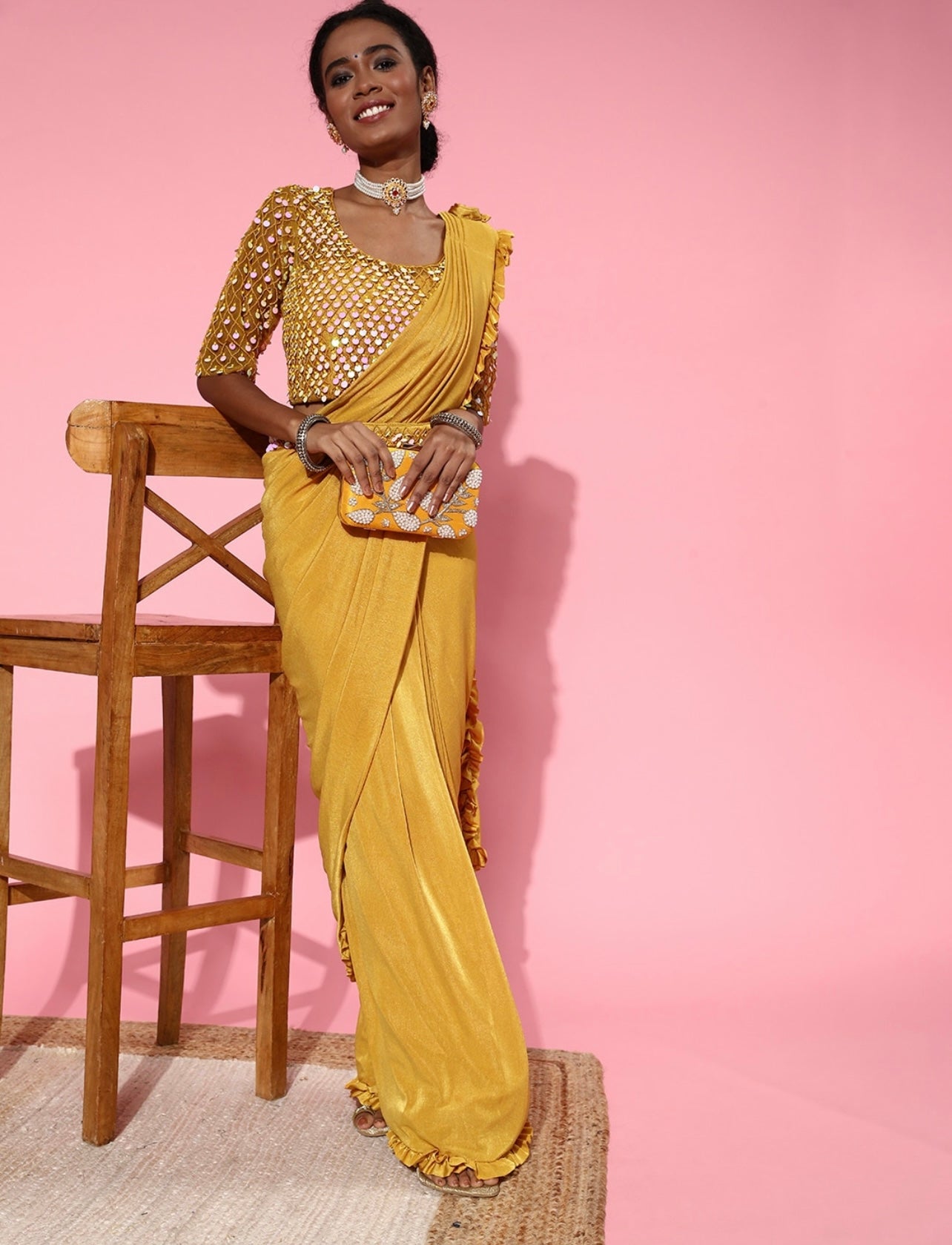 Yellow Ready to wear Saree with crochet blouse