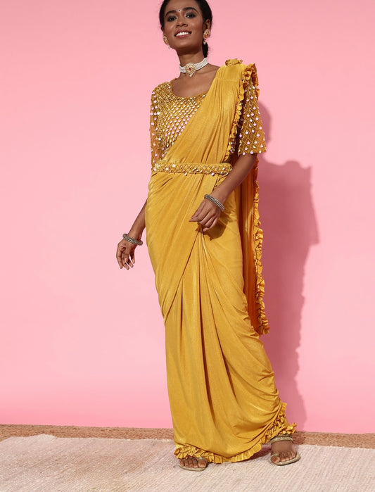 Yellow Ready to wear Saree with crochet blouse