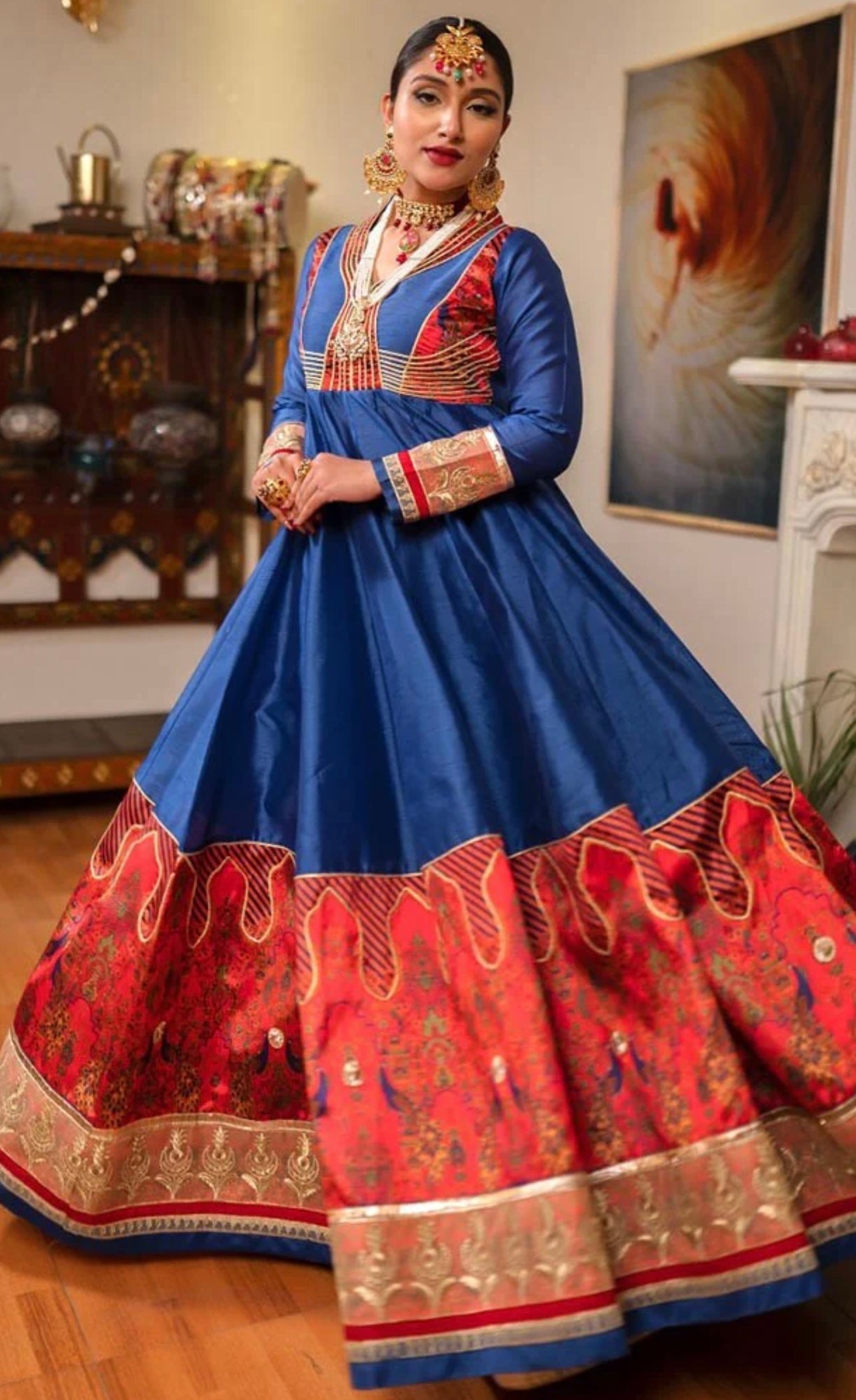 Blue Color Long gown with heavy Banarasi Dupatta