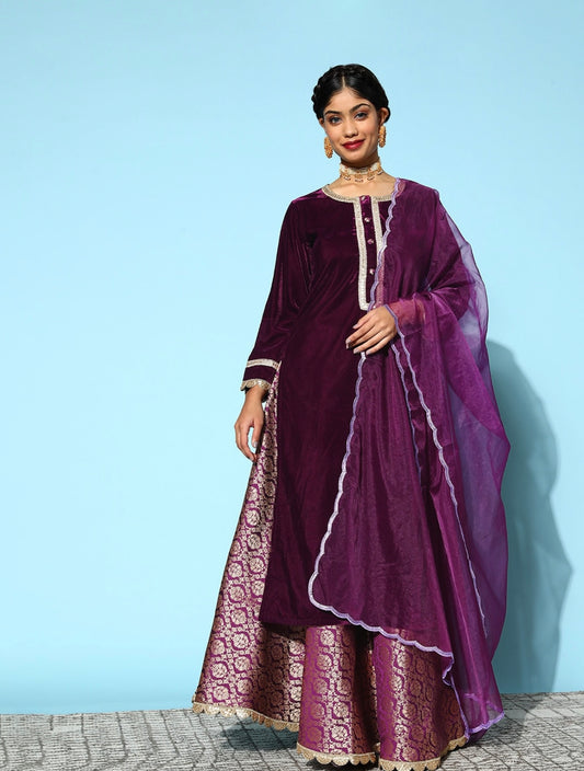 Purple Velvet Kurta with Jacquard skirt and dupatta