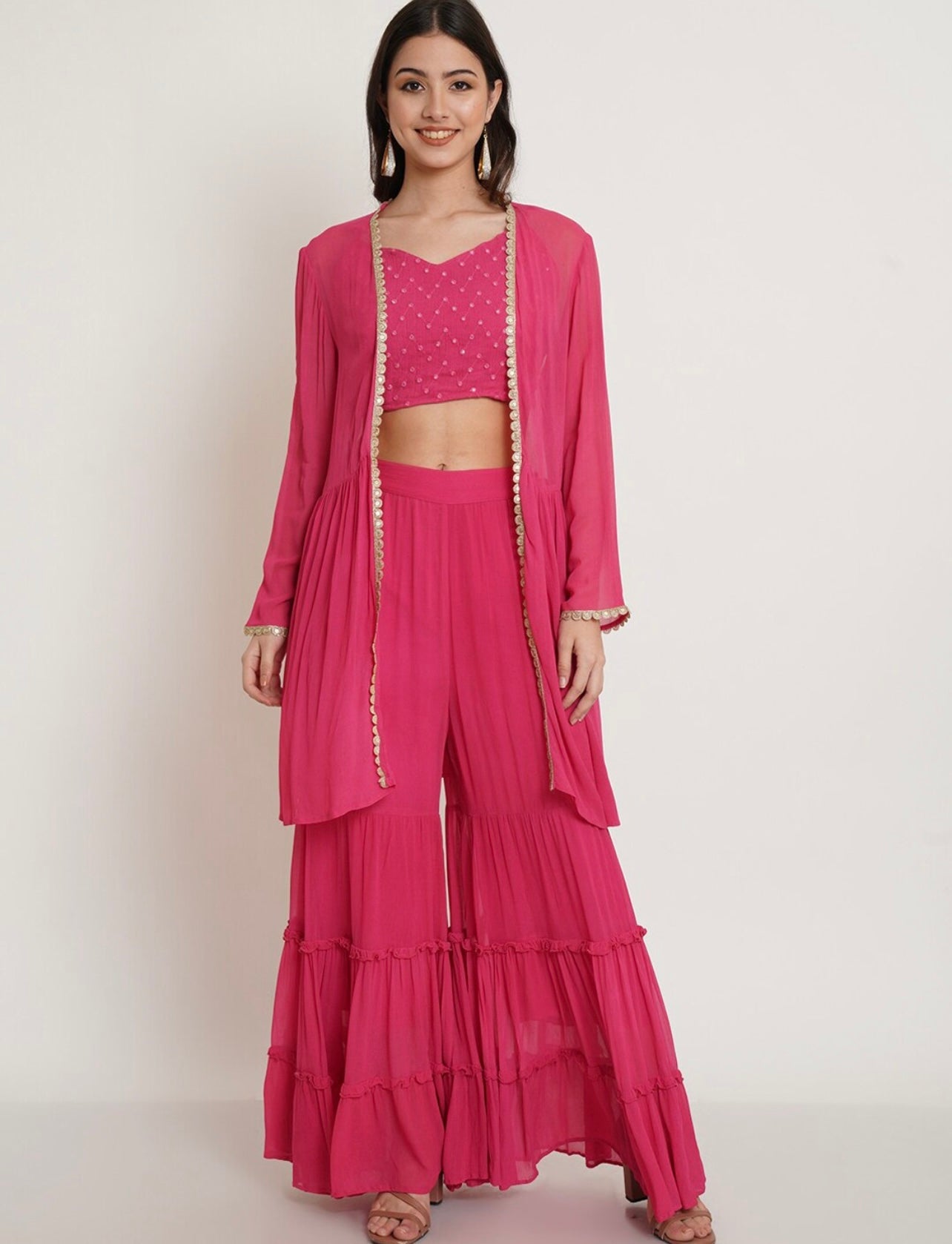 Pink Crop top shrug and Sharara Set