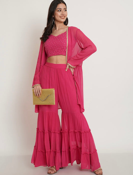 Pink Crop top shrug and Sharara Set