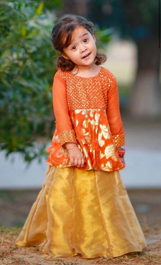 Orange heavy Sequin work Lehenga Set for For Girls