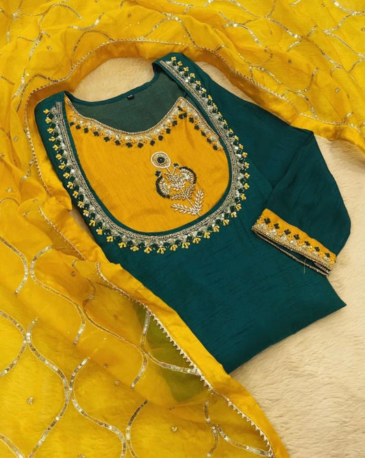 Teal and Yellow Handwork Yoke Kurta set