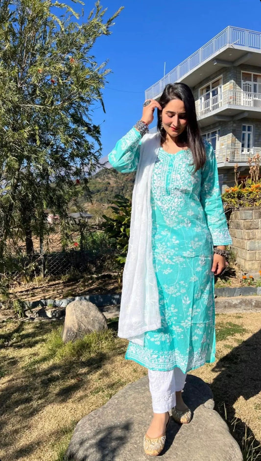 Aqua Blue Lucknowi Soft Mul Kurti