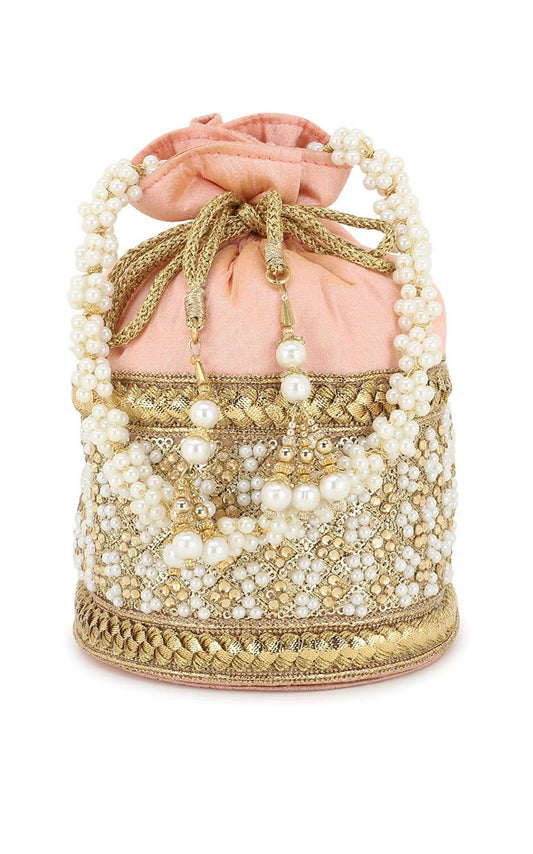 Peach Potli bag with Jardoshi and Pearl hand work