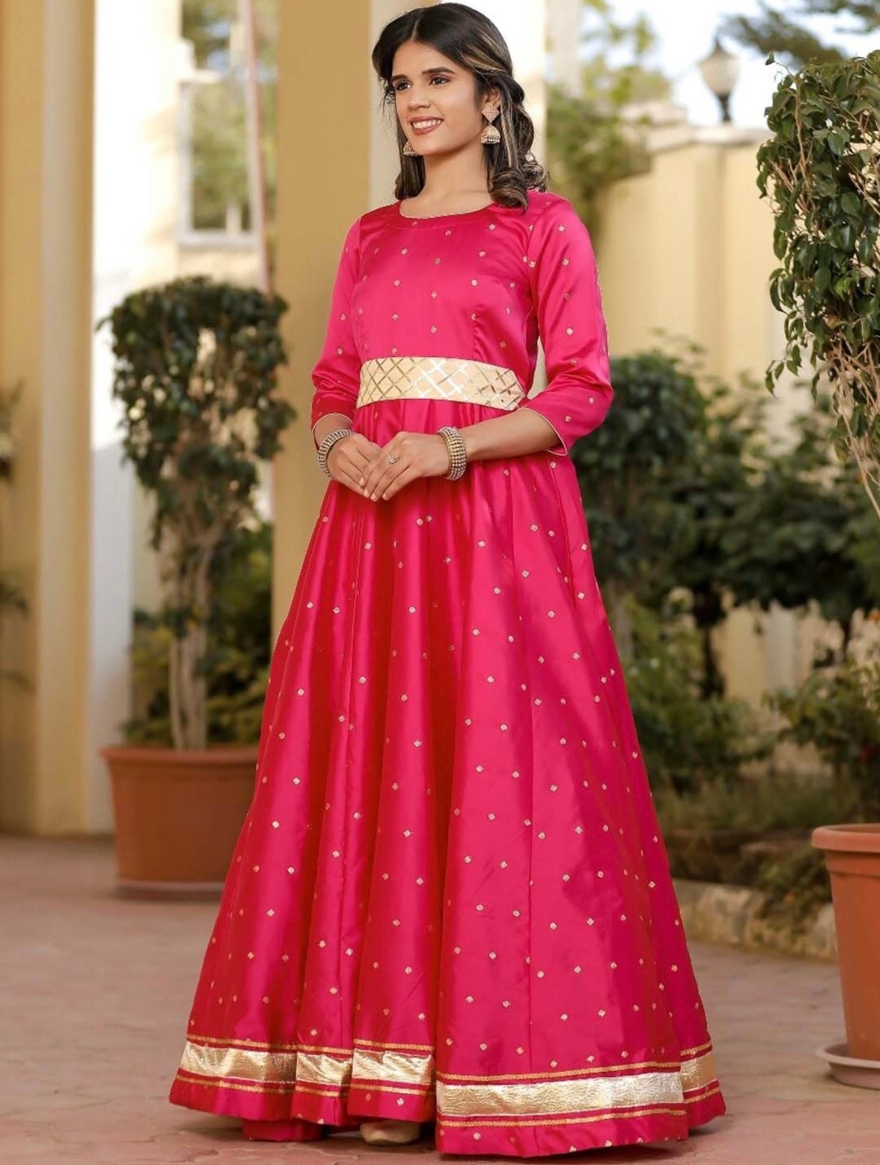 Pink Ethnic Maxi Gown with Embellished Belt