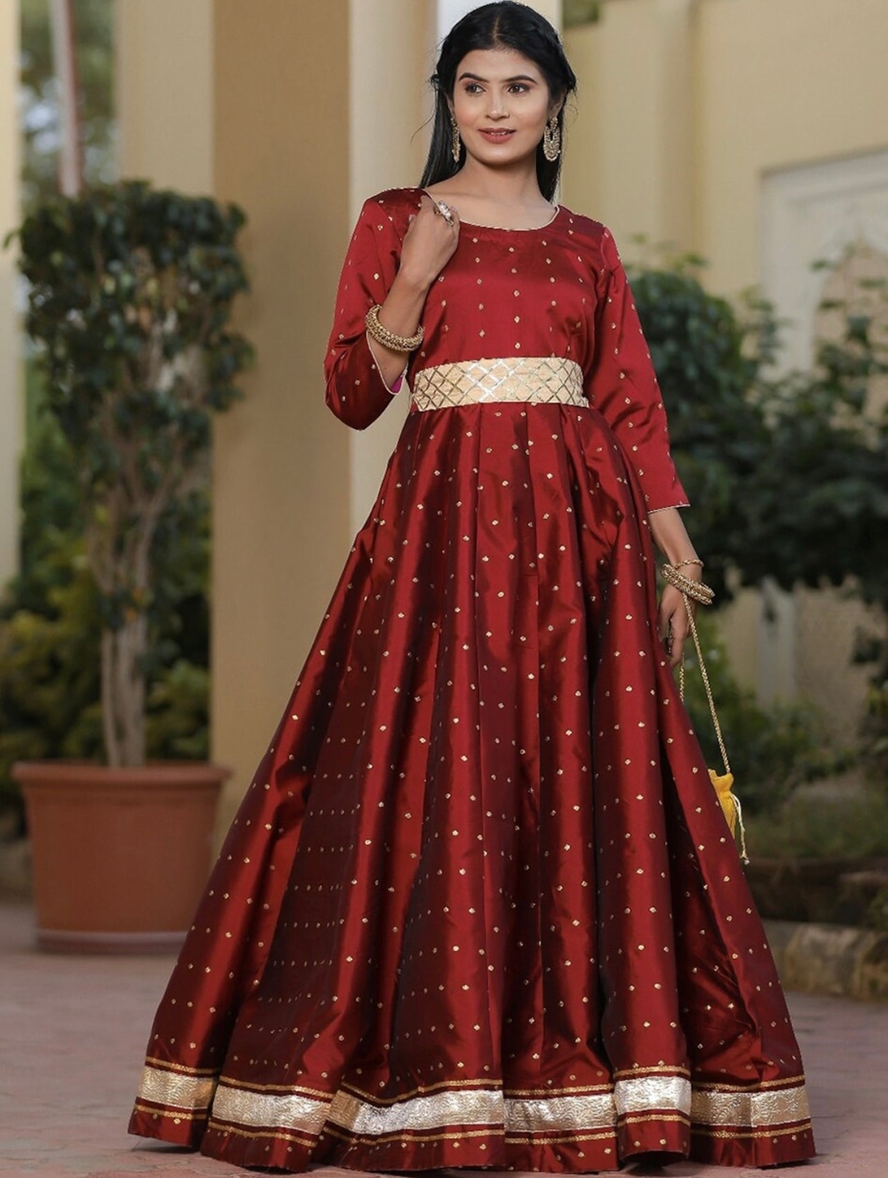 Maroon Ethnic Maxi Gown with Embellished Belt