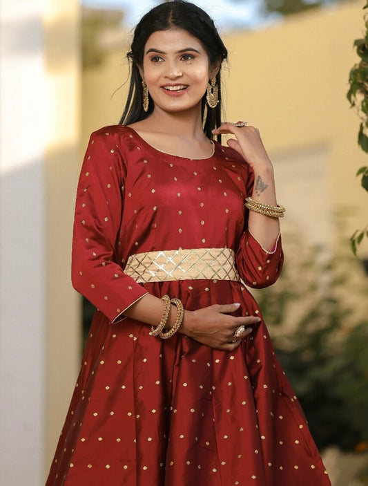Maroon Ethnic Maxi Gown with Embellished Belt