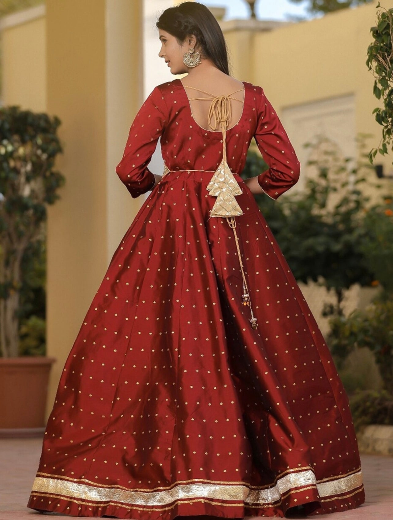 Adorable Western Style Gown With Pleated Stitch Work On Top Comes With Moti  Work Belt And