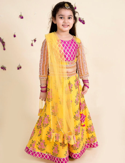 Indi Kids Yellow and Pink Girls Lehenga Choli
