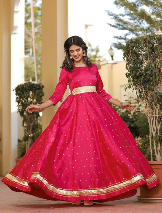 Pink Ethnic Maxi Gown with Embellished Belt