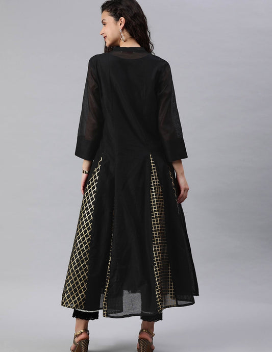 Black Silk Kurta with sequin yoke and gold print