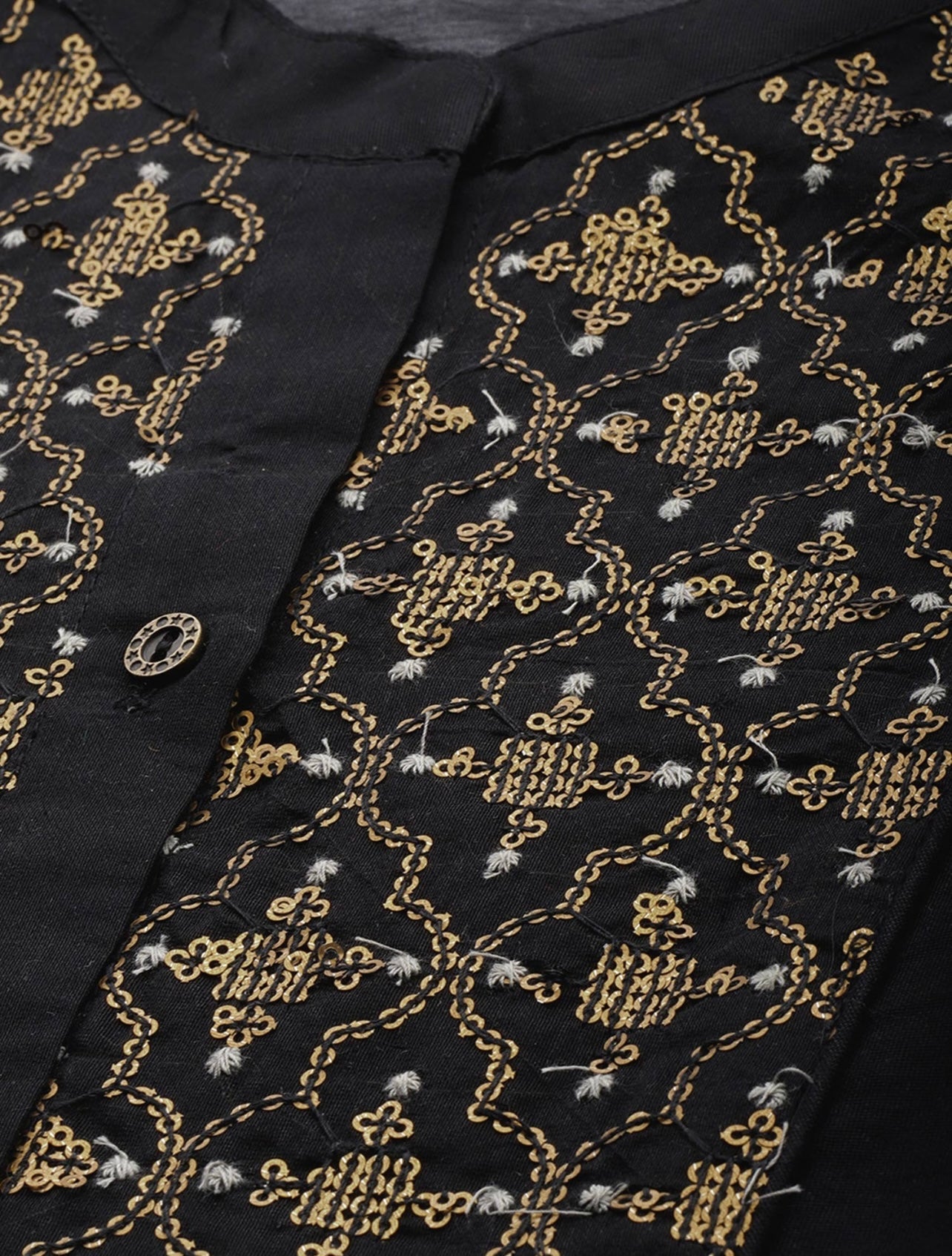 Black Silk Kurta with sequin yoke and gold print