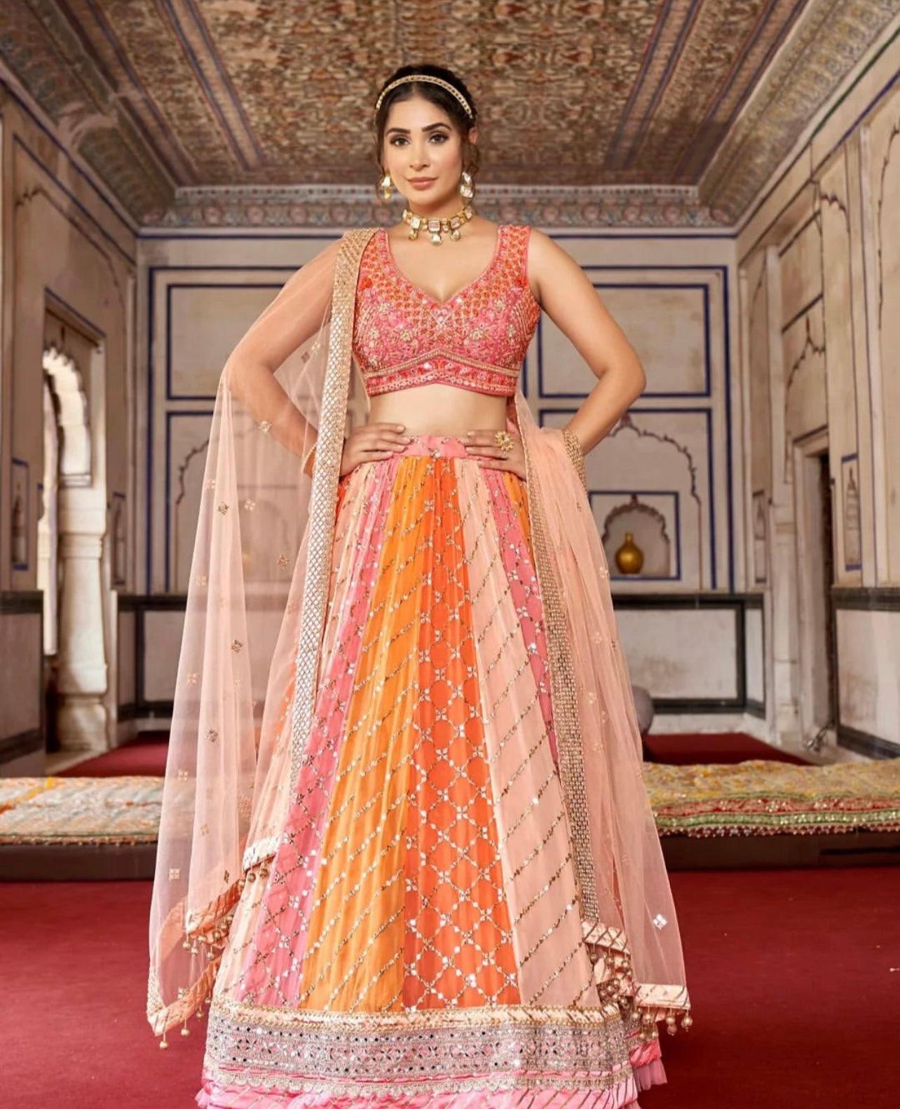 RI Ritu Kumar Fuchsia & Orange Embroidered Lehenga Set – Saris and Things