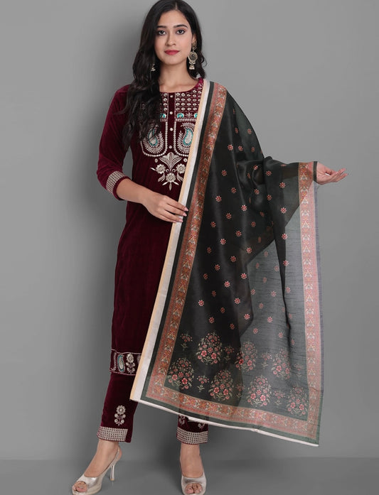 Wine Velvet Kurta set with beautiful embroidery work